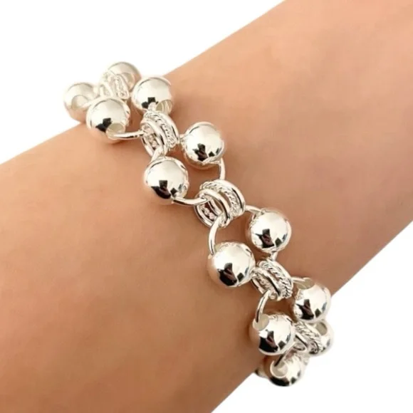 925 STERLING Stamped 8 mm Silver Round Beads Dainty Links Bracelet - Picture 1 of 9